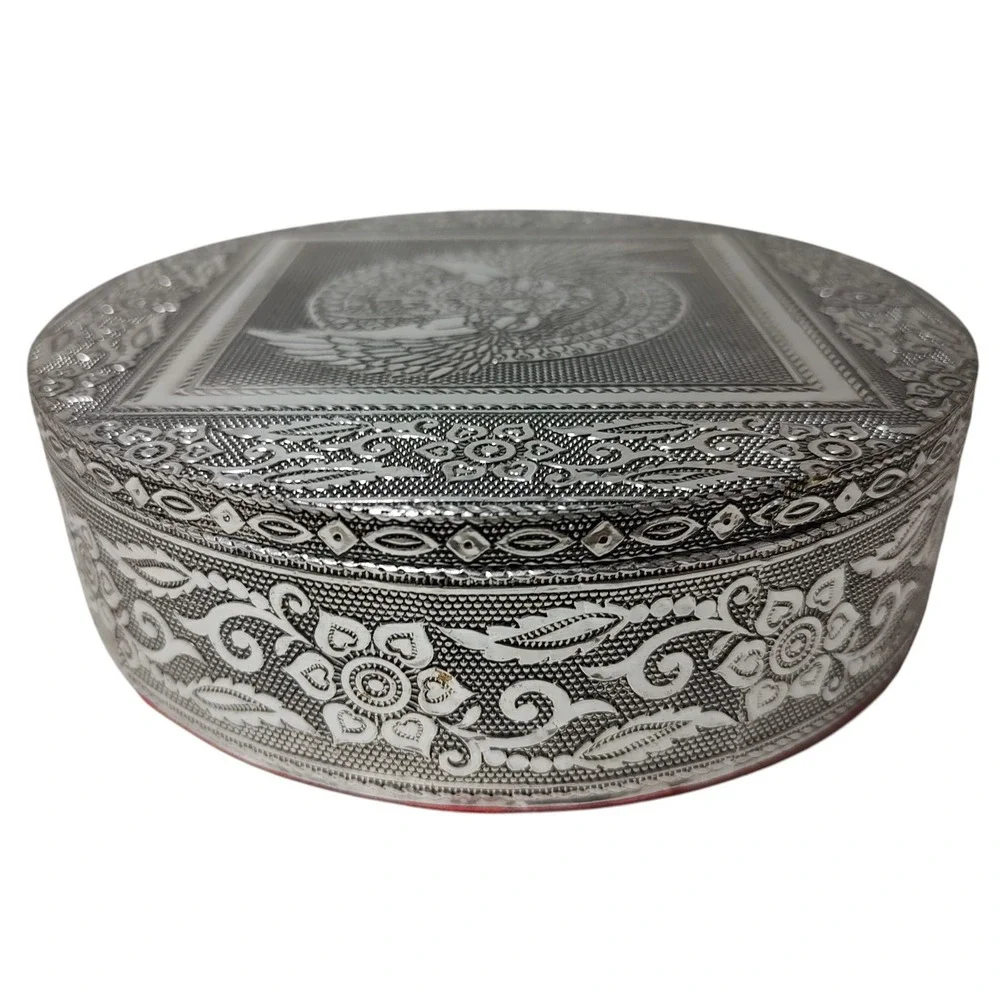 New Handcrafted Jewelry Trinket Box Embossed Birds Aluminum and Red Velvet India